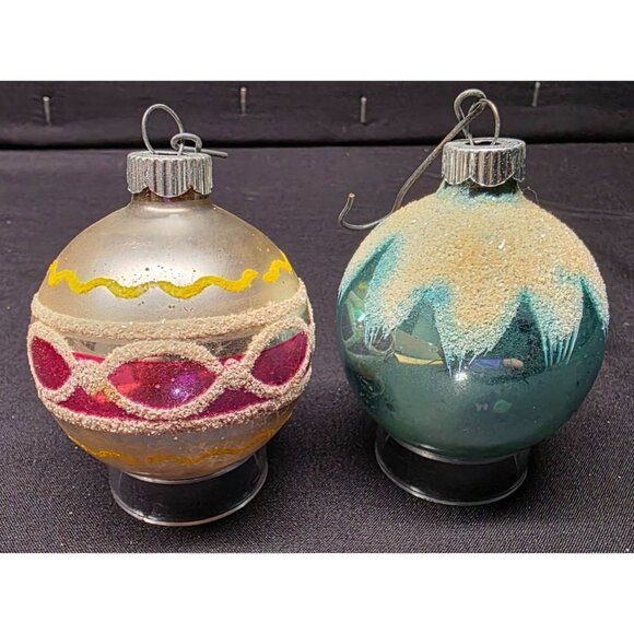 Vintage Mercury Glass Shiny Brite Christmas Stenciled & Mica Top Ornaments MCM - Picture 1 of 6
